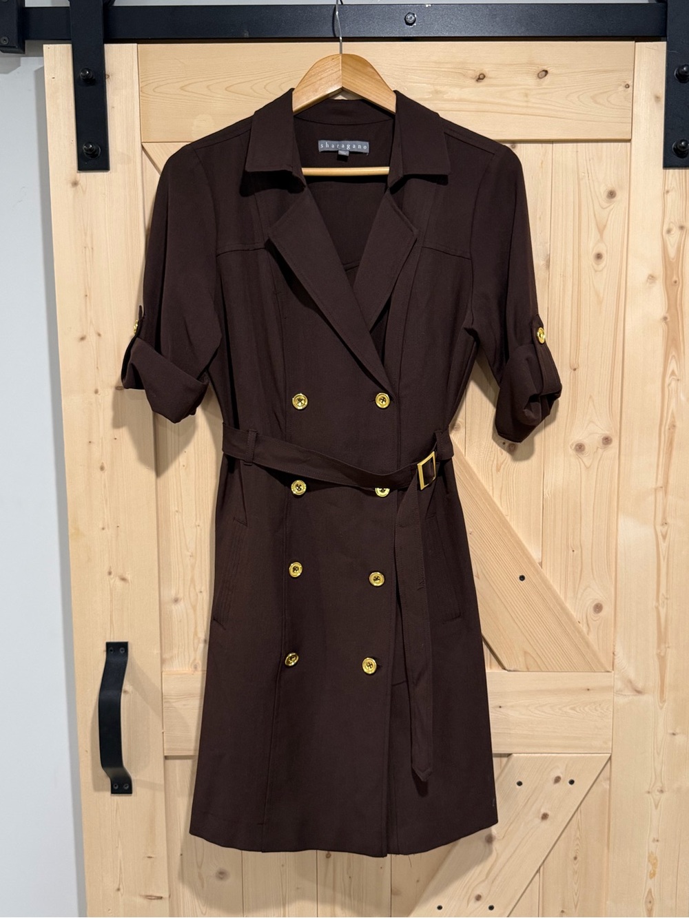 Sharagano Brown Double Breasted Belted Trench Dress Gold Buttons, size 10